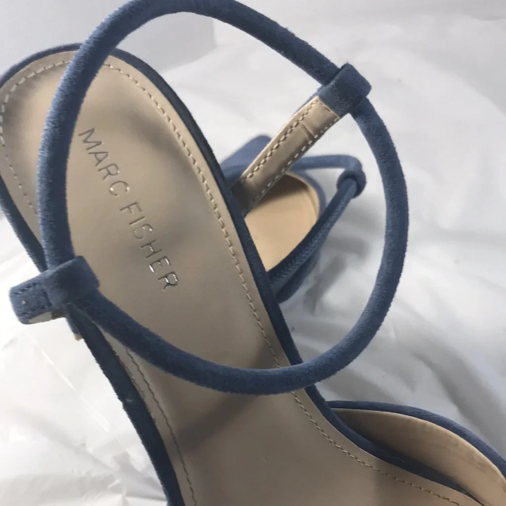 Marc Fisher LTD. Women’sMarlon Blue Suede Strappy  Pointy Toe Chunky Heels Shoes